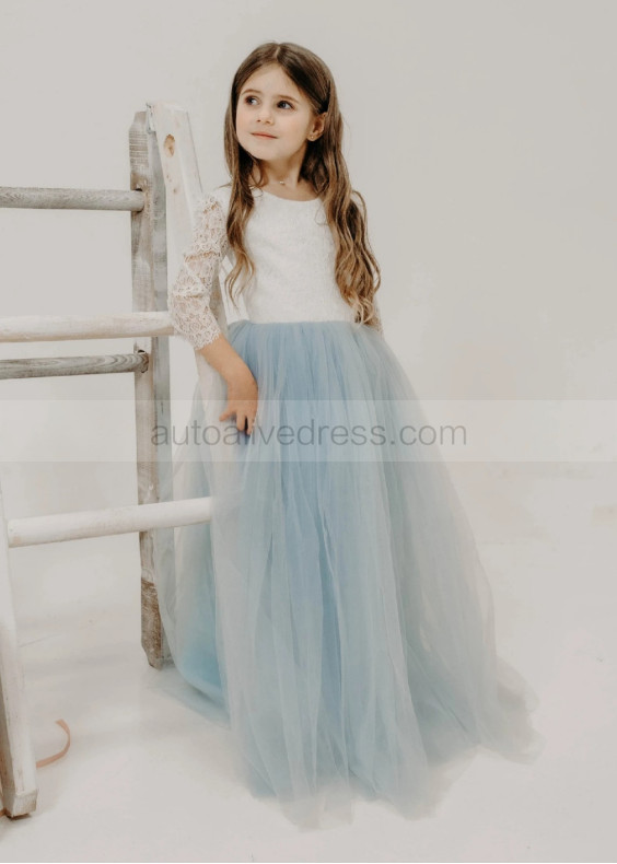 Ivory Lace Dusty Blue Tulle Gorgeous Flower Girl Dress